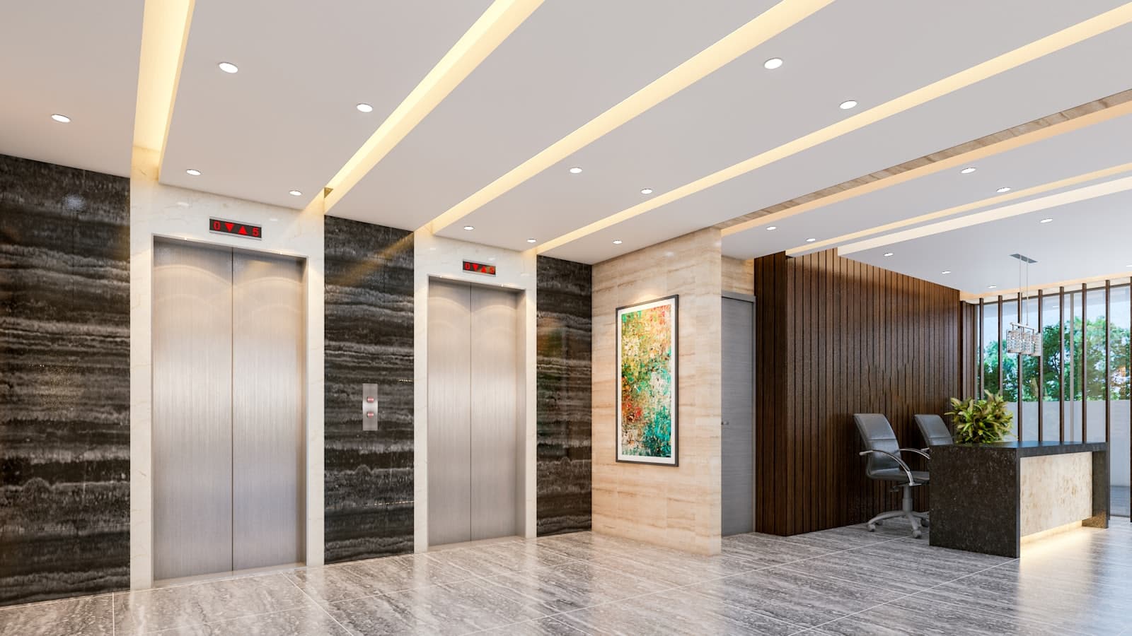 Corporate lobby with suspended ceiling and cove lighting